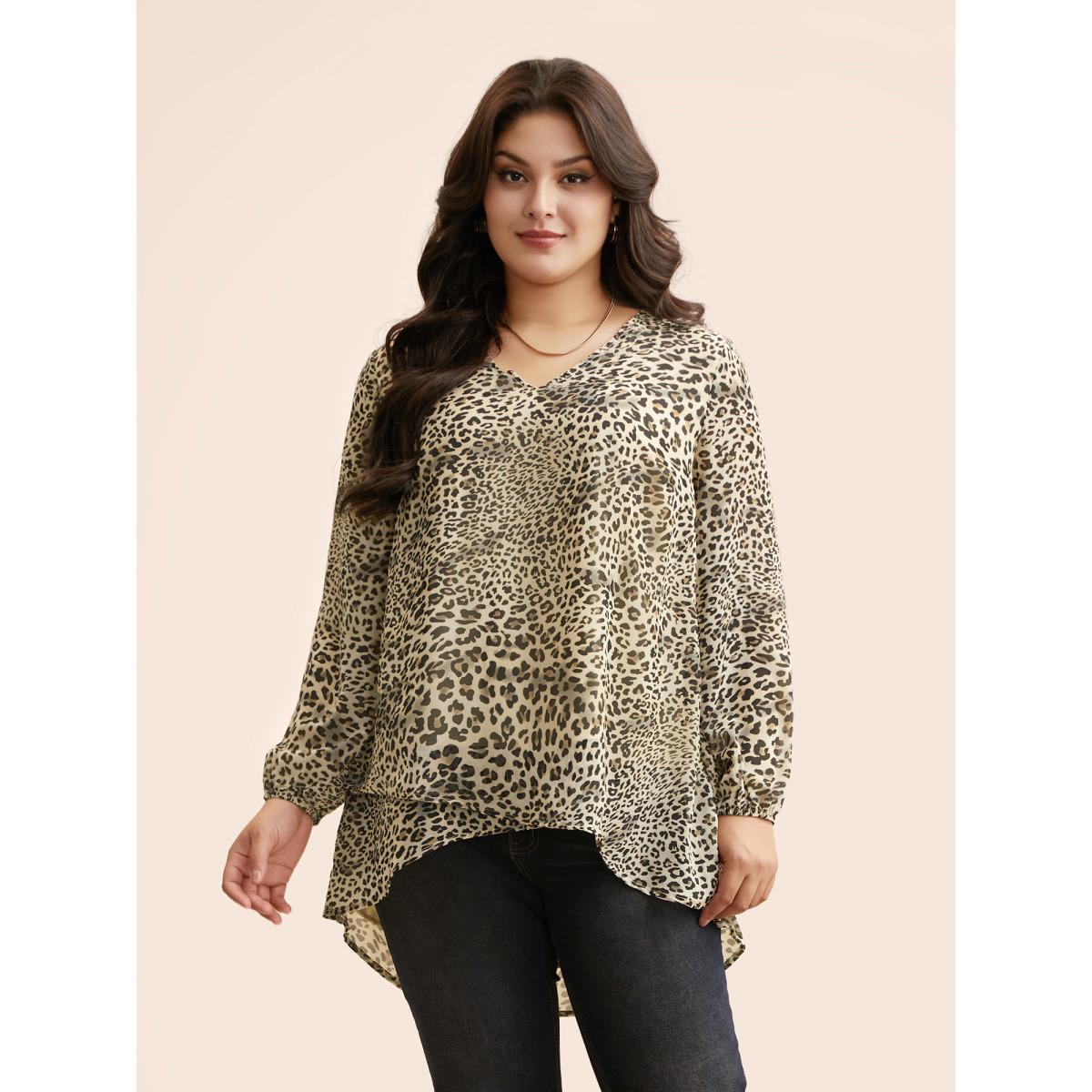 Plus Size Tan Leopard Print Asymmetrical Hem Lantern Sleeve Blouse Women Elegant Long Sleeve V-neck Everyday Blouses BloomChic 12/L Product Image
