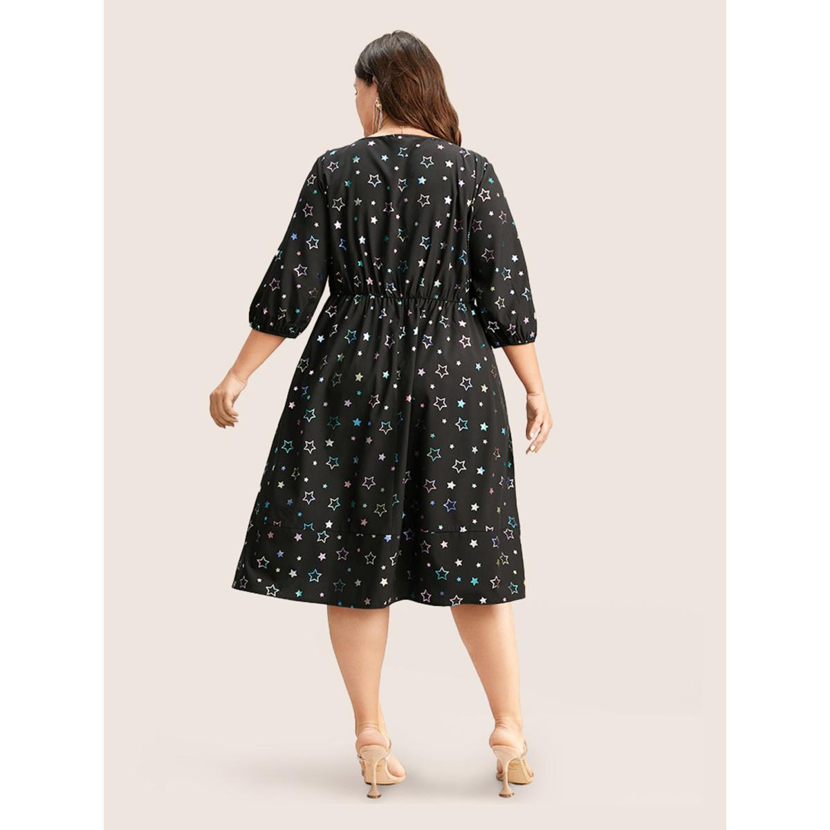 Plus Size Heart Glitter Square Neck Lantern Sleeve Dress Black Women Cocktail Elastic cuffs Square Neck Half Sleeve Curvy Midi Dress BloomChic 14-16/1X Product Image