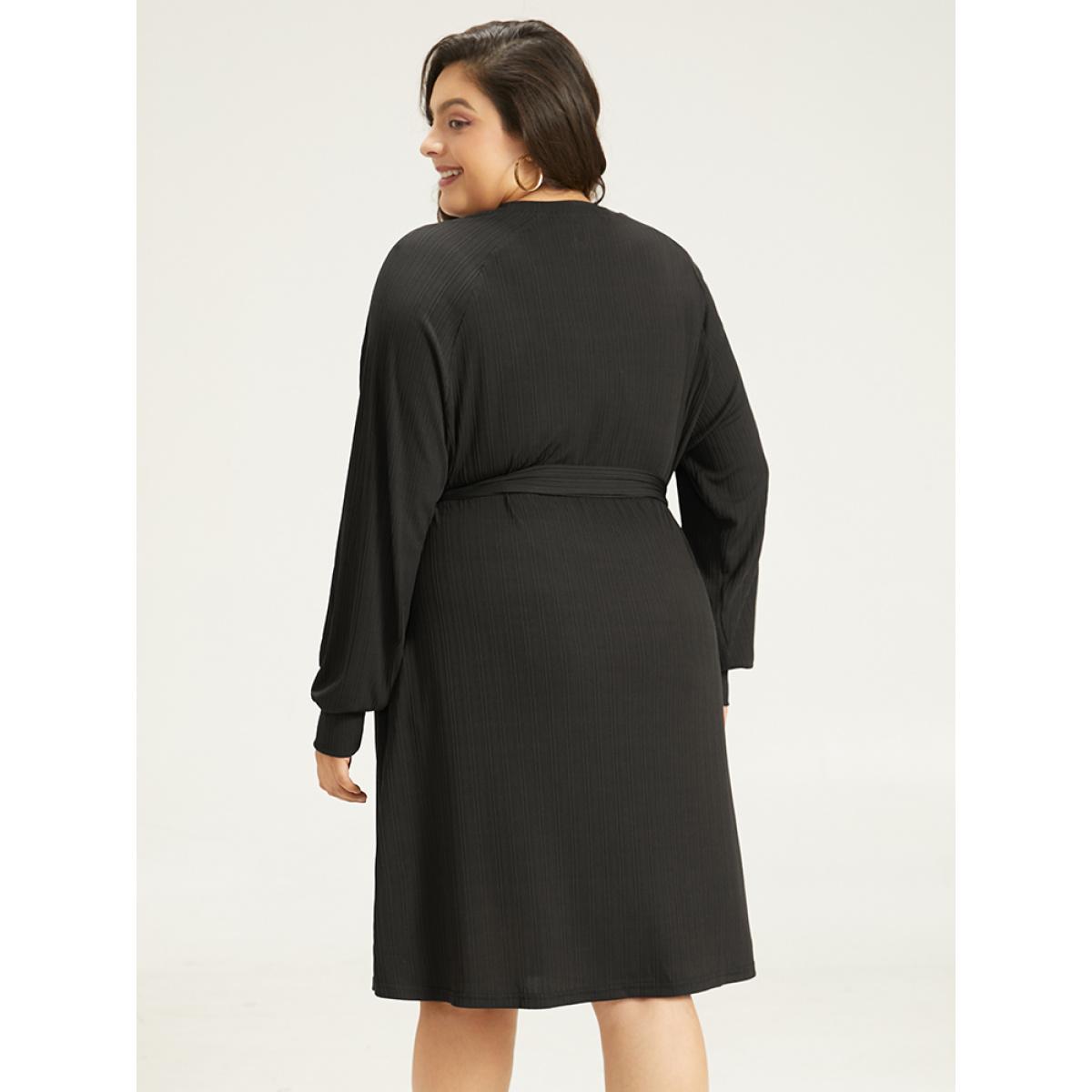 Plus Size Rib Knit Solid Pocket Pleated Belted Dress Black Women Casual Plain Round Neck Long Sleeve Curvy Midi Dress BloomChic 10/M Product Image