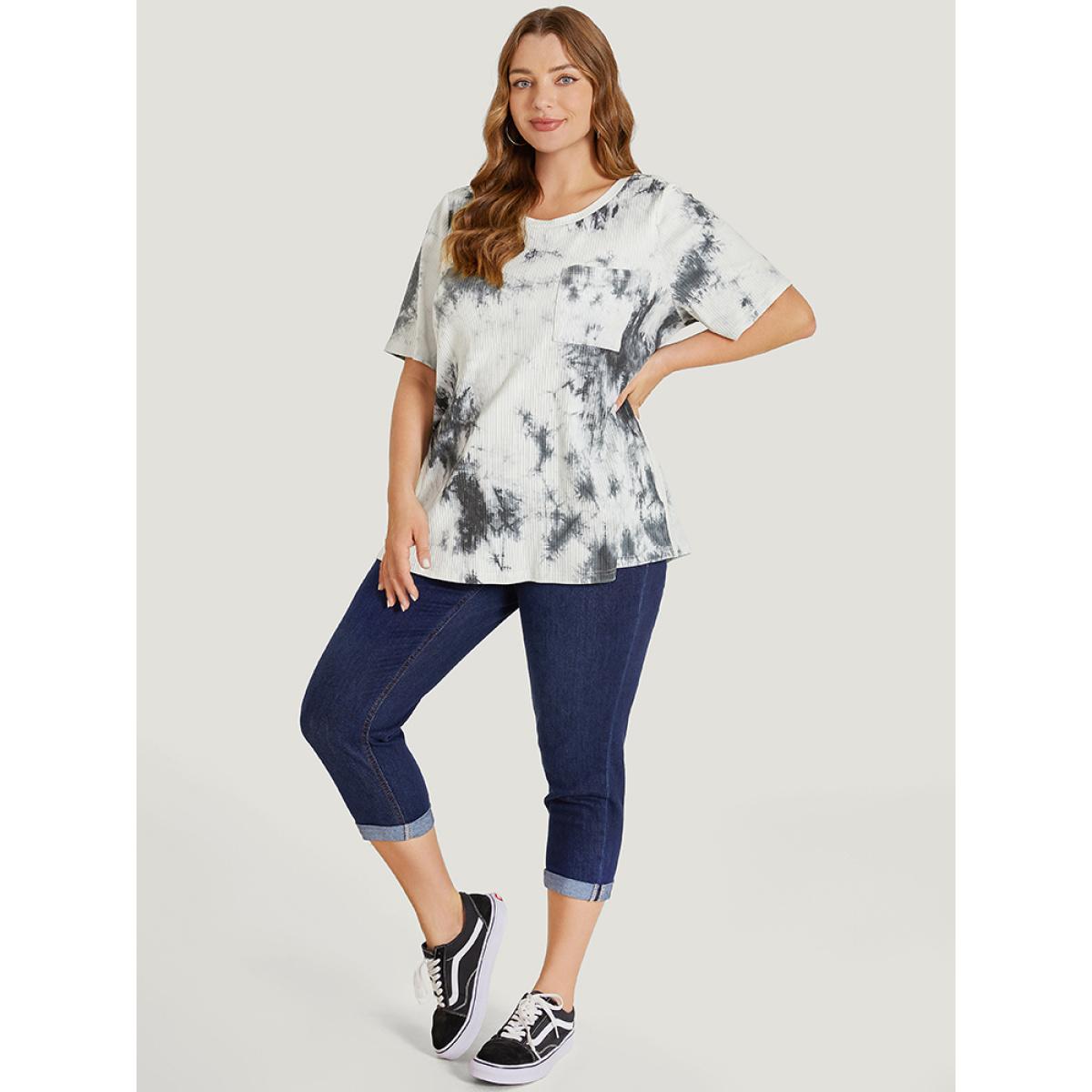Plus Size Tie Dye Pocket Rib Knit T-shirt Gray Women Casual Tie Dye Round Neck Dailywear T-shirts BloomChic 18-20/2X Product Image