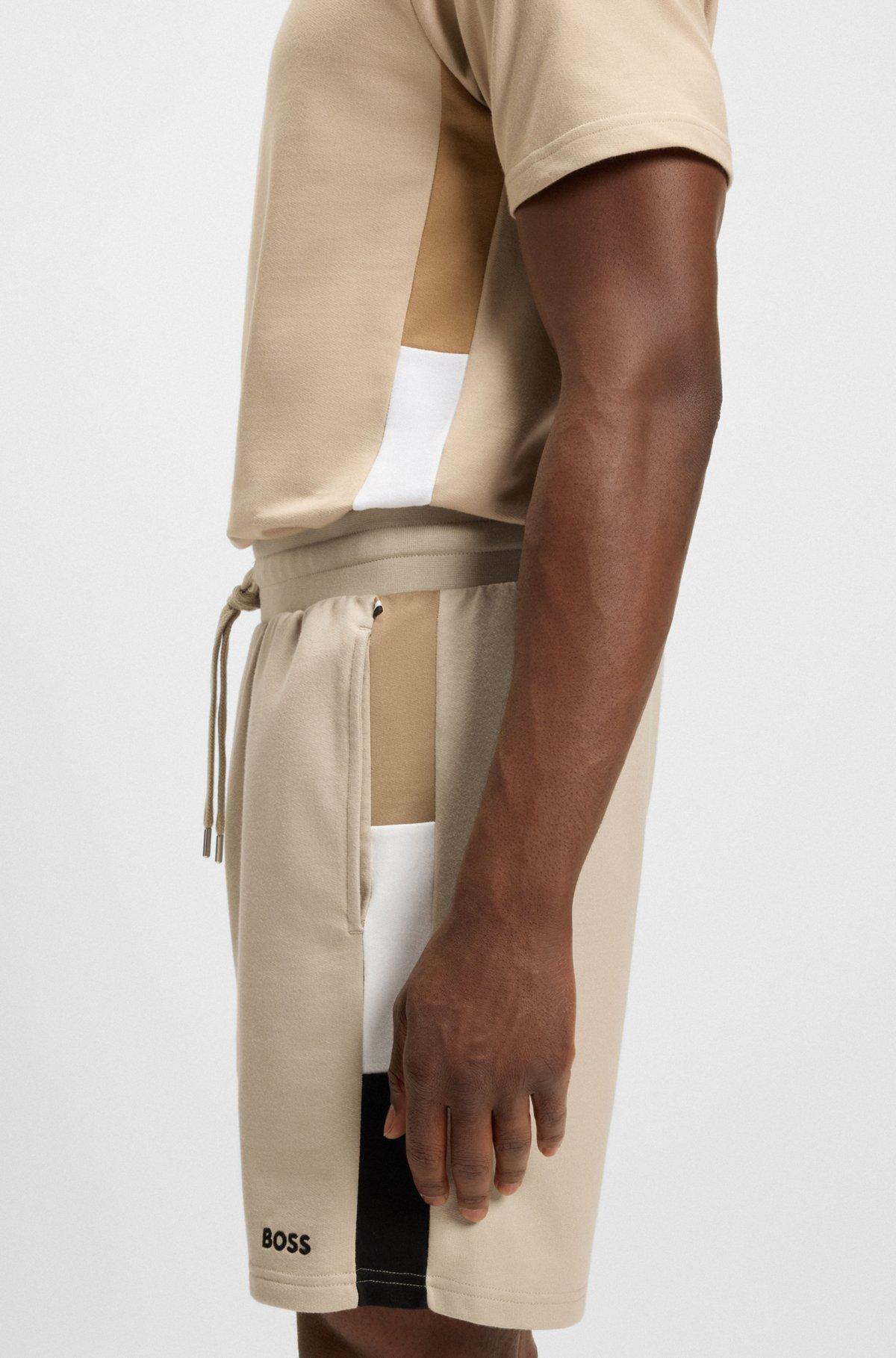 BOSS - Cotton-terry shorts with signature-stripe side panels - Light Beige Product Image