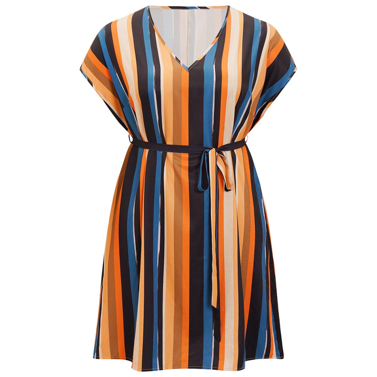 Plus Size Rainbow Striped Batwing Sleeve Pocket Belt Dress Multicolor Women Vacation Contrast V-neck Short sleeve Curvy Knee Dress BloomChic 30/6X Product Image