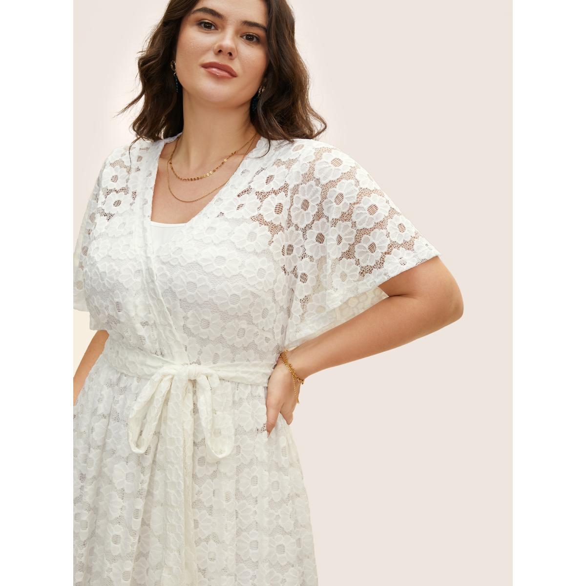 Plus Size Crochet Lace Mesh Belted Midi Dress Opticwhite Women Elegant V-neck Short sleeve Curvy BloomChic 30/6X Product Image