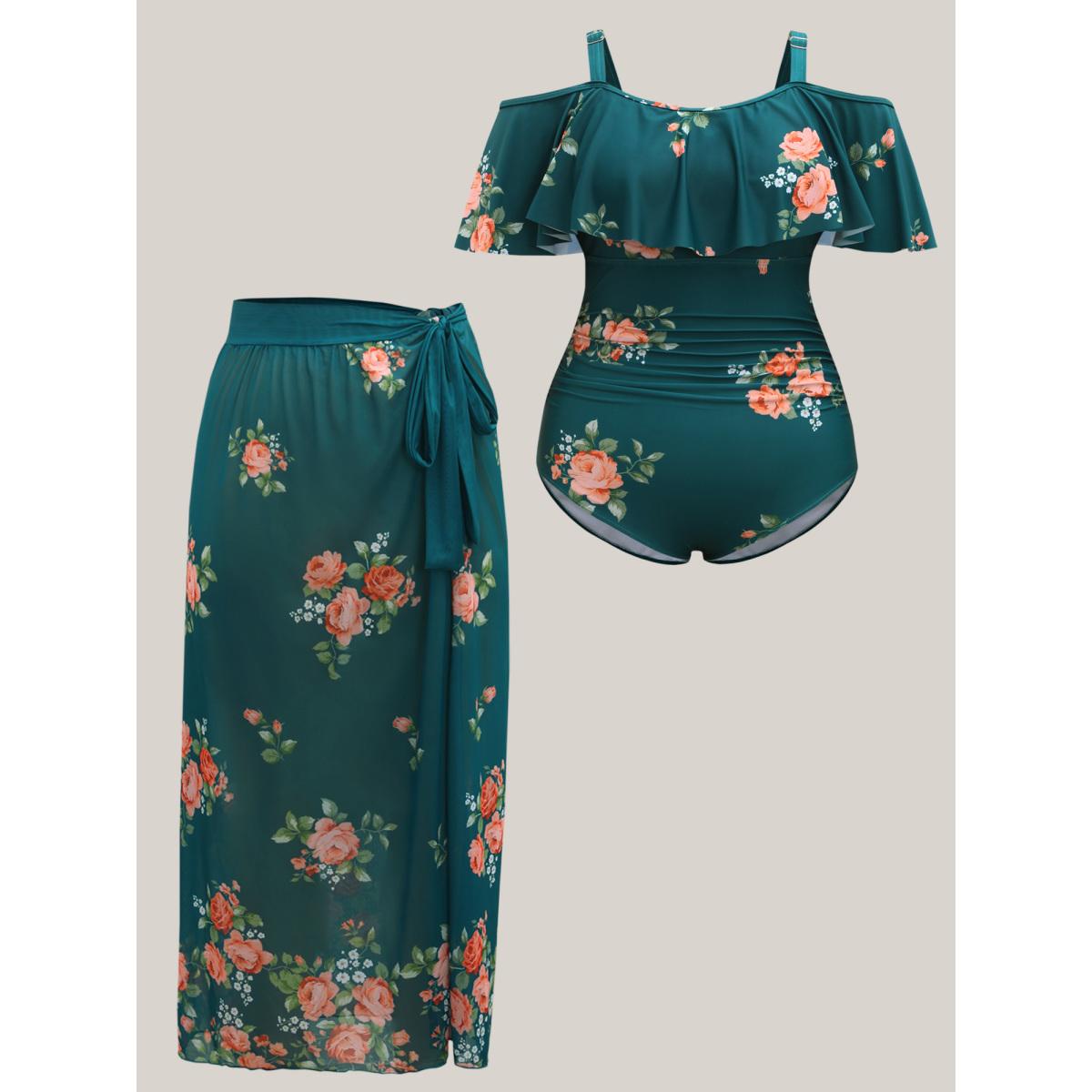 Plus Size Two-Piece Floral Ruffled Knotted One-Piece, Sarong Women's Swimwear Teal Resort Tie knot Curve Bathing Suits High stretch One Pieces BloomChic 14-16/1X Product Image