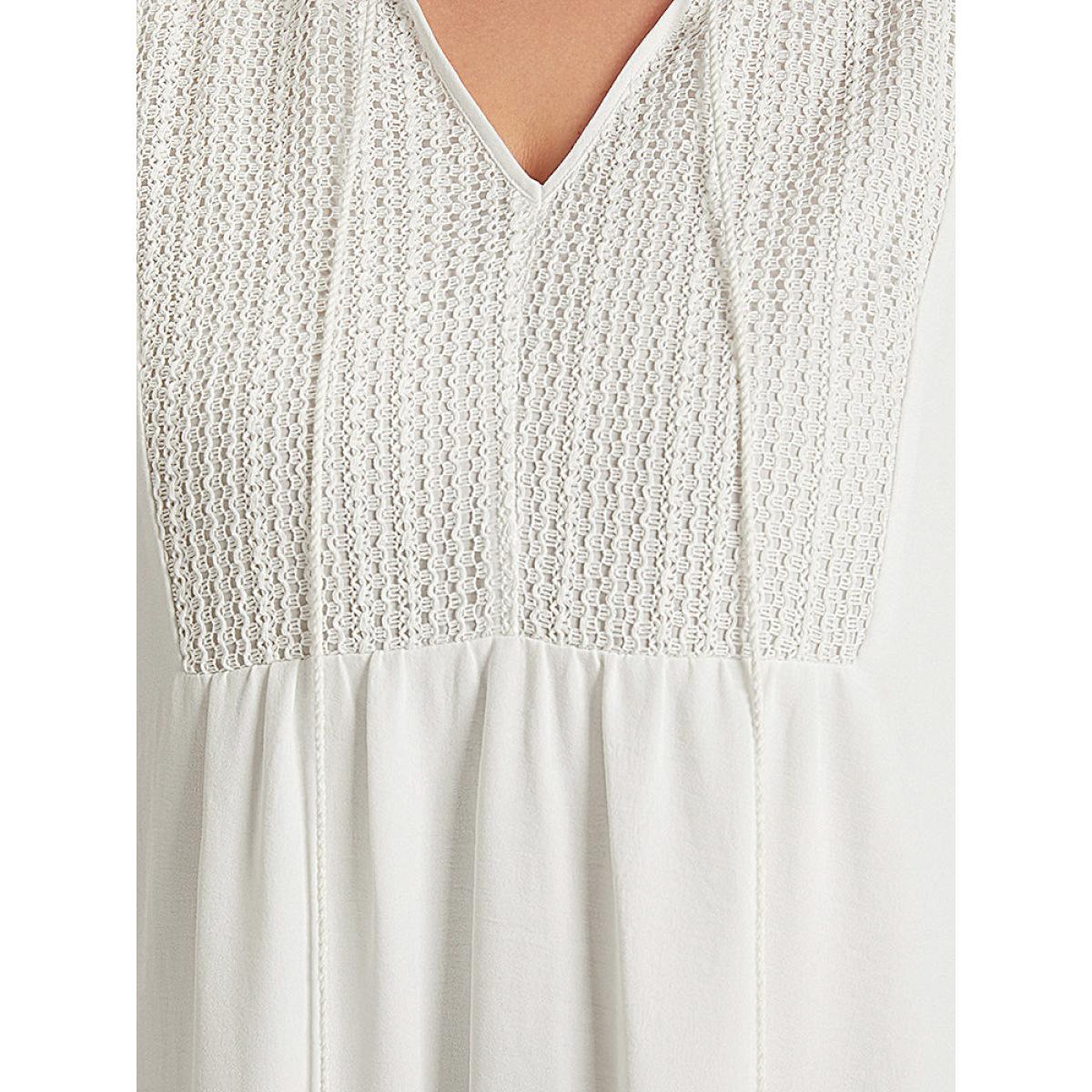 Plus Size Solid Pocket Ties Tassels Bell Sleeve Dress White Women Vacation Texture V-neck Elbow-length sleeve Curvy Midi Dress BloomChic 26/4X Product Image