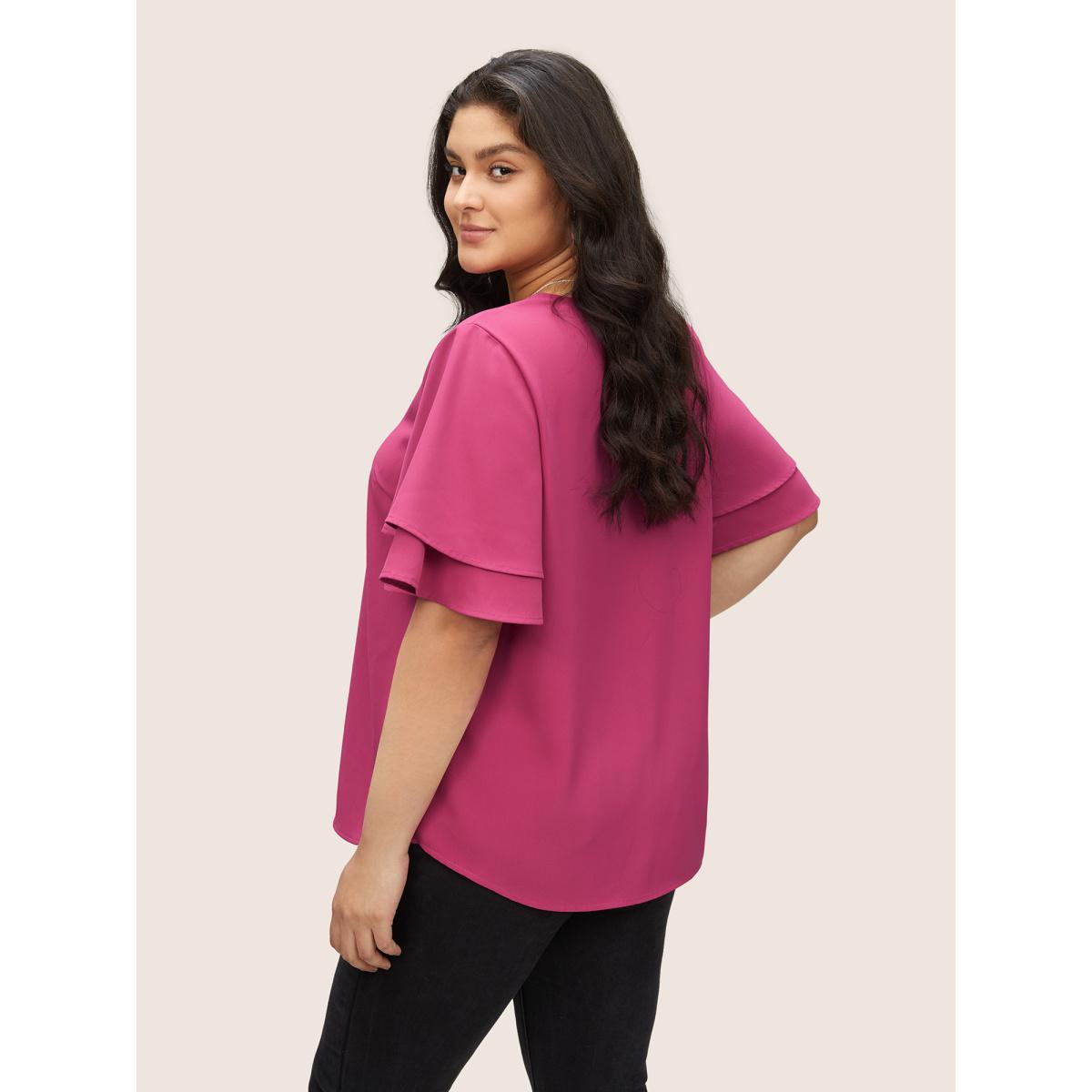 Plus Size RedViolet Anti-Wrinkle Pleated Tiered Flutter Sleeve Blouse Women Office Short sleeve V-neck Work Blouses BloomChic 28/5X Product Image