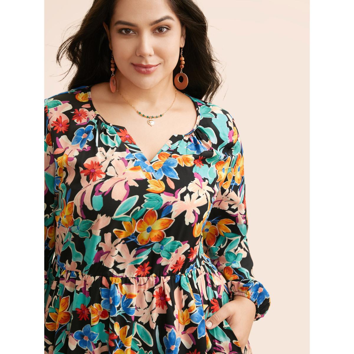 Plus Size Colored Floral Notched Elastic Waist Midi Dress Black Women Elegant Gathered Flat collar with V-notch Extra Long Sleeve Curvy BloomChic 22-24/3X Product Image