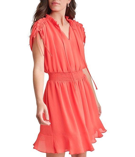 DKNY by Donna Karan Round Tie Neck Short Sleeve Smocked Waist Mini Dress Product Image