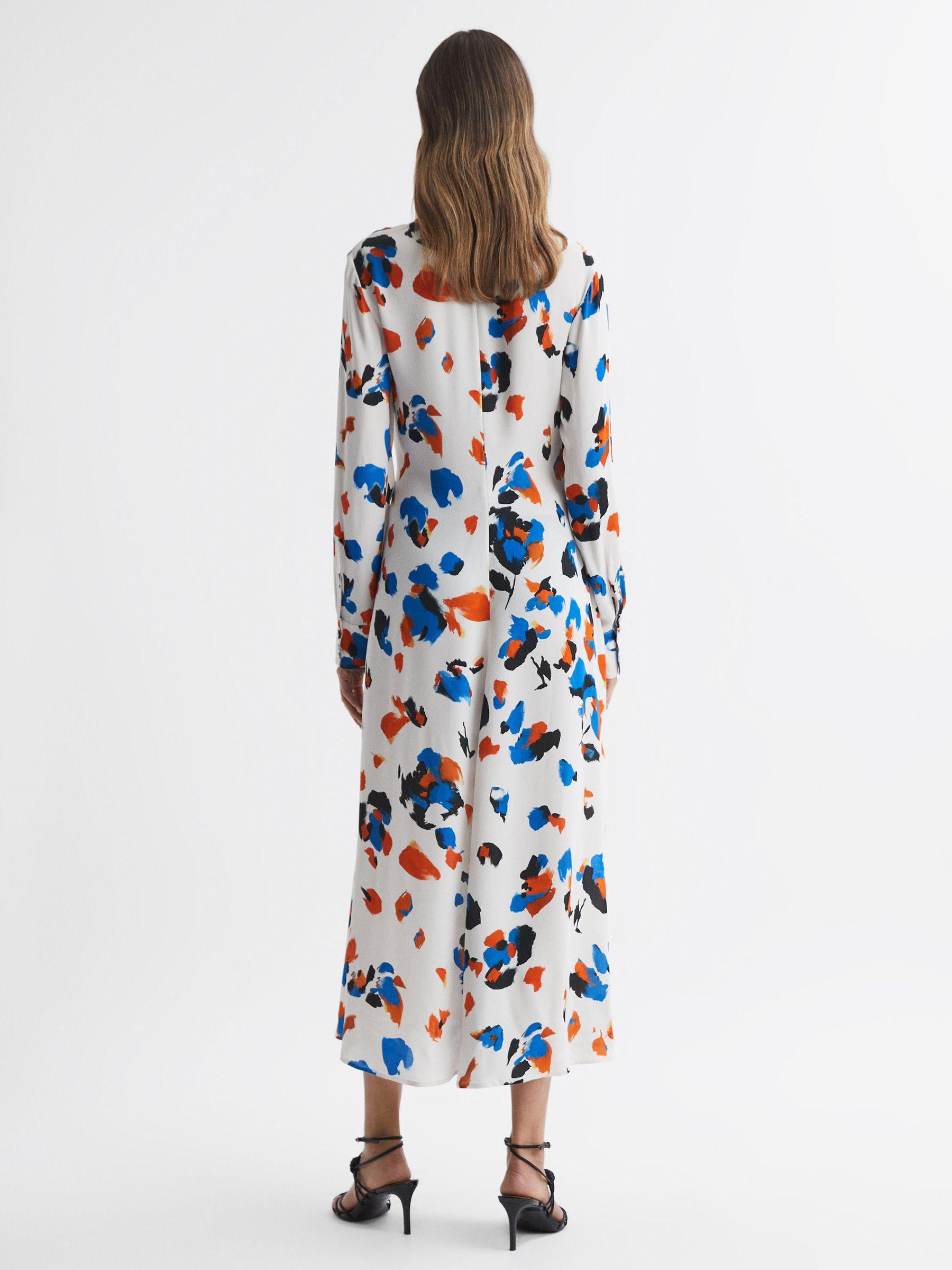 Printed Tie Neck Midi Dress in Blue Product Image