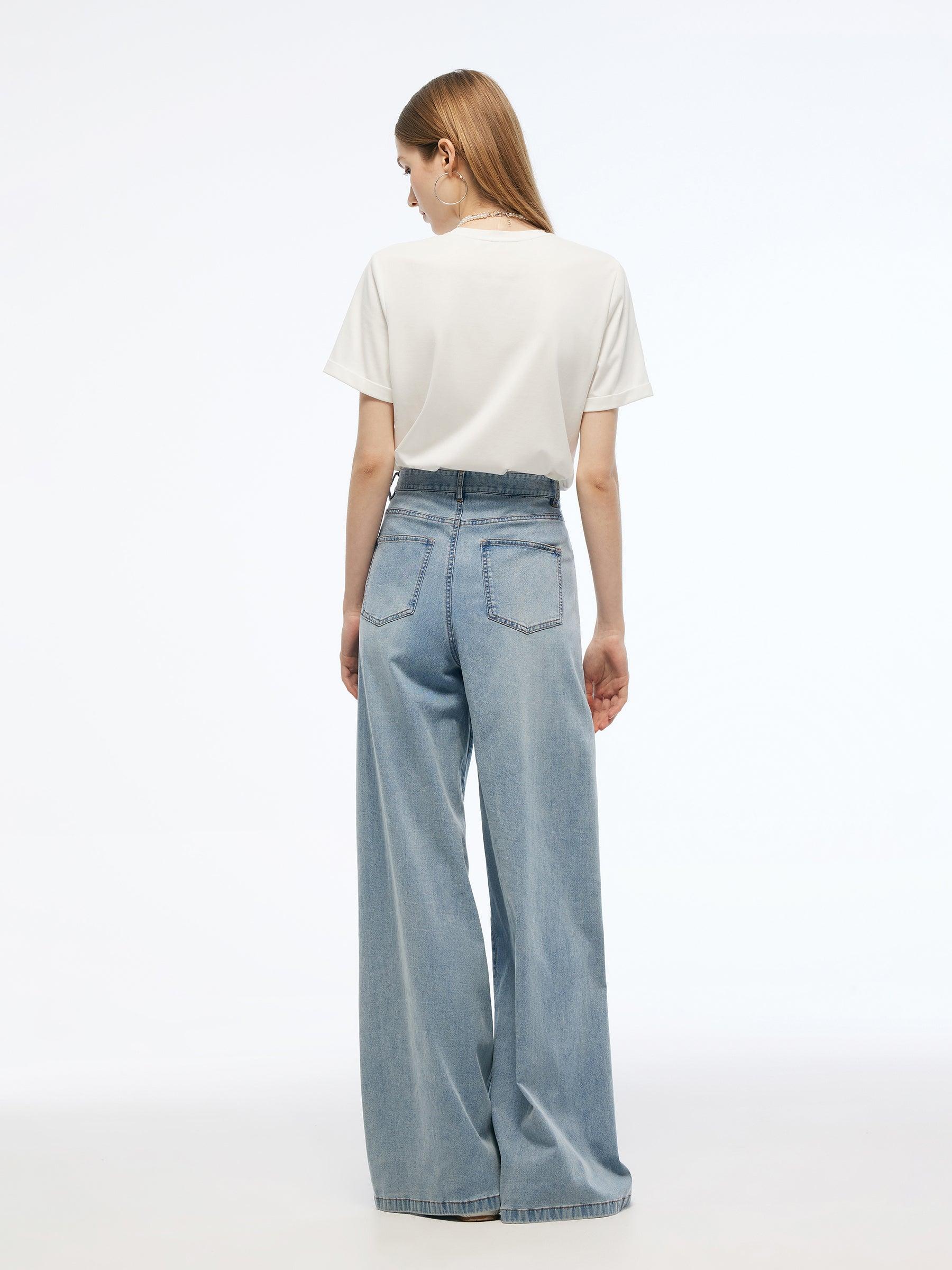Denim Adjustable Waist Women Wide Leg Jeans Product Image