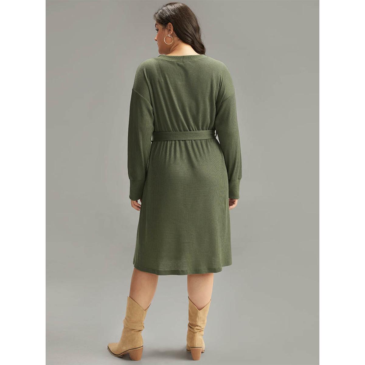 Plus Size Plain Textured Belted Button Up Dress ArmyGreen Women Casual Texture Round Neck Long Sleeve Curvy Midi Dress BloomChic 12/L Product Image