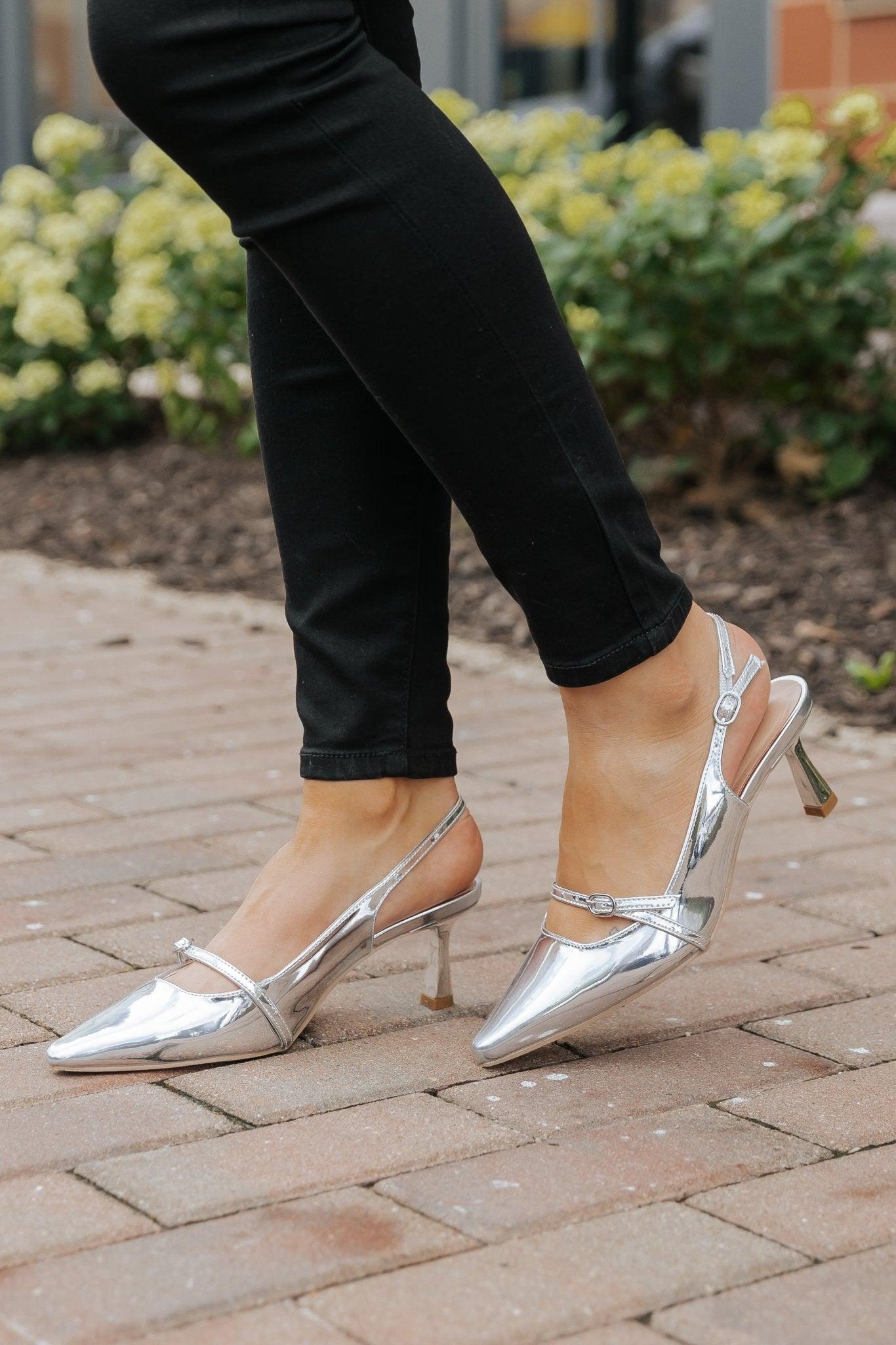 Sleek Silver Buckle Detail Slingback Heels - DOORBUSTER Product Image