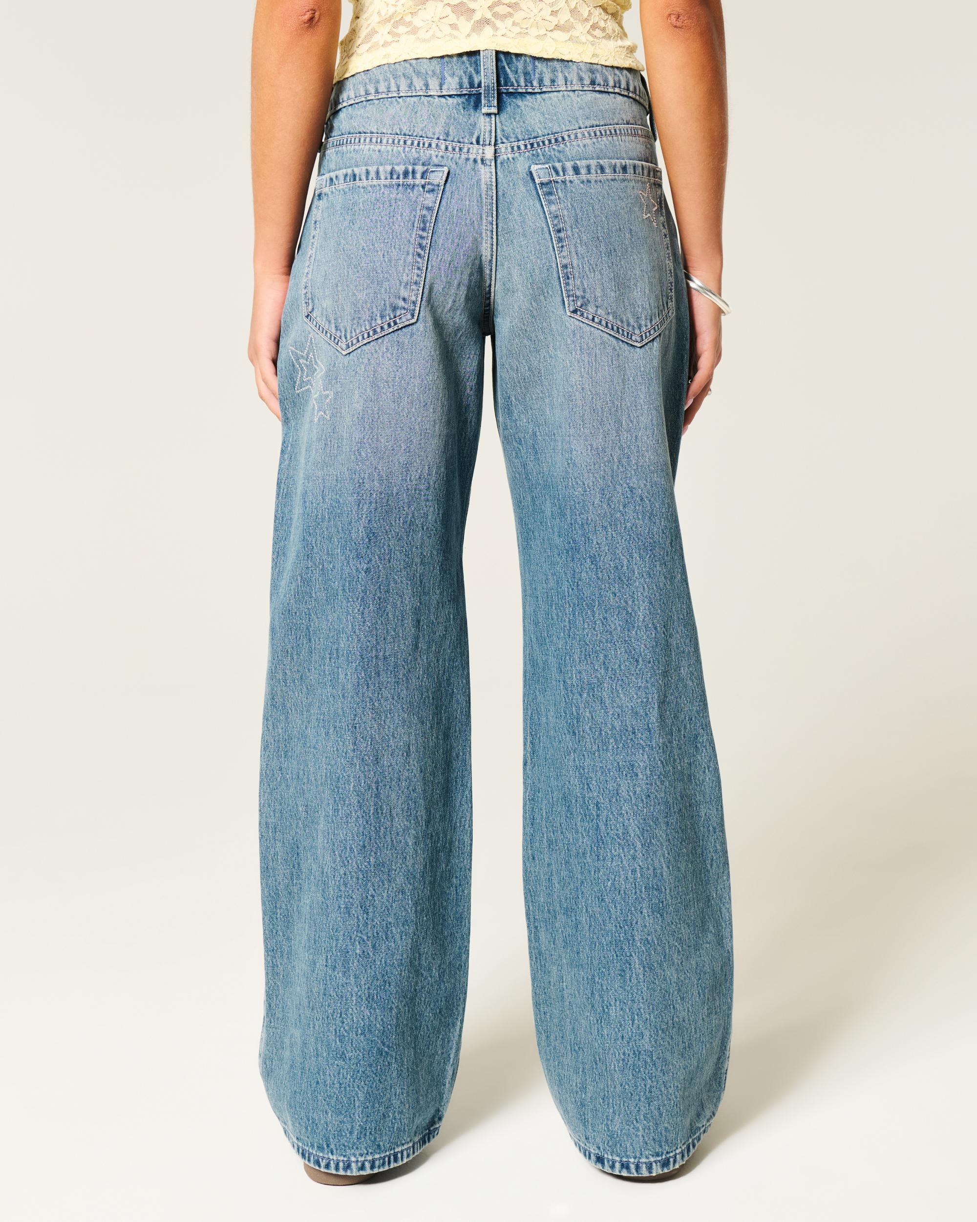 Low-Rise Rhinestone Stars Medium Wash Baggy Jeans Product Image