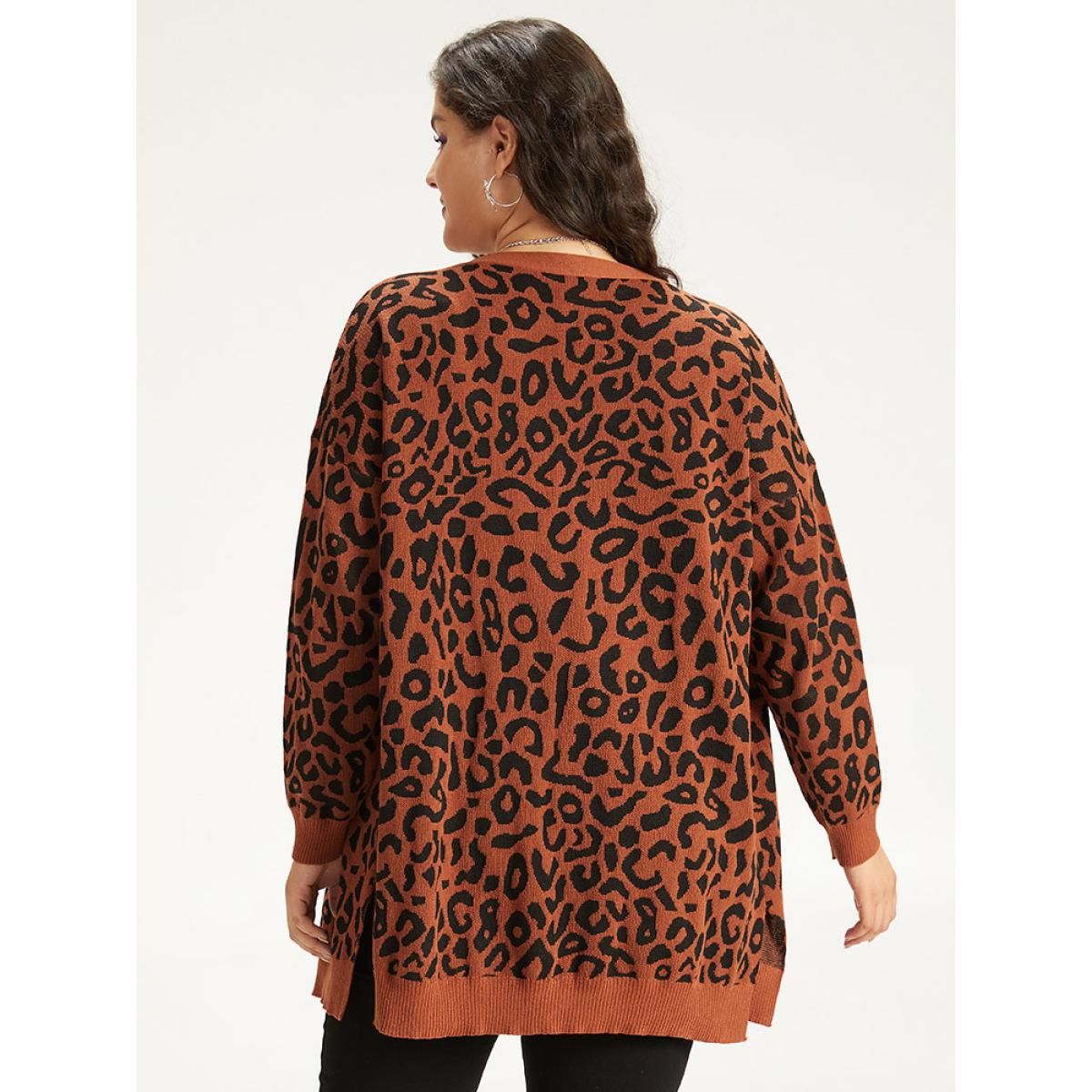 Plus Size Halloween Leopard Print Patched Pocket Split Side Cardigan Leopard Women Casual Loose Long Sleeve Festival-Halloween Cardigans BloomChic 10/M Product Image