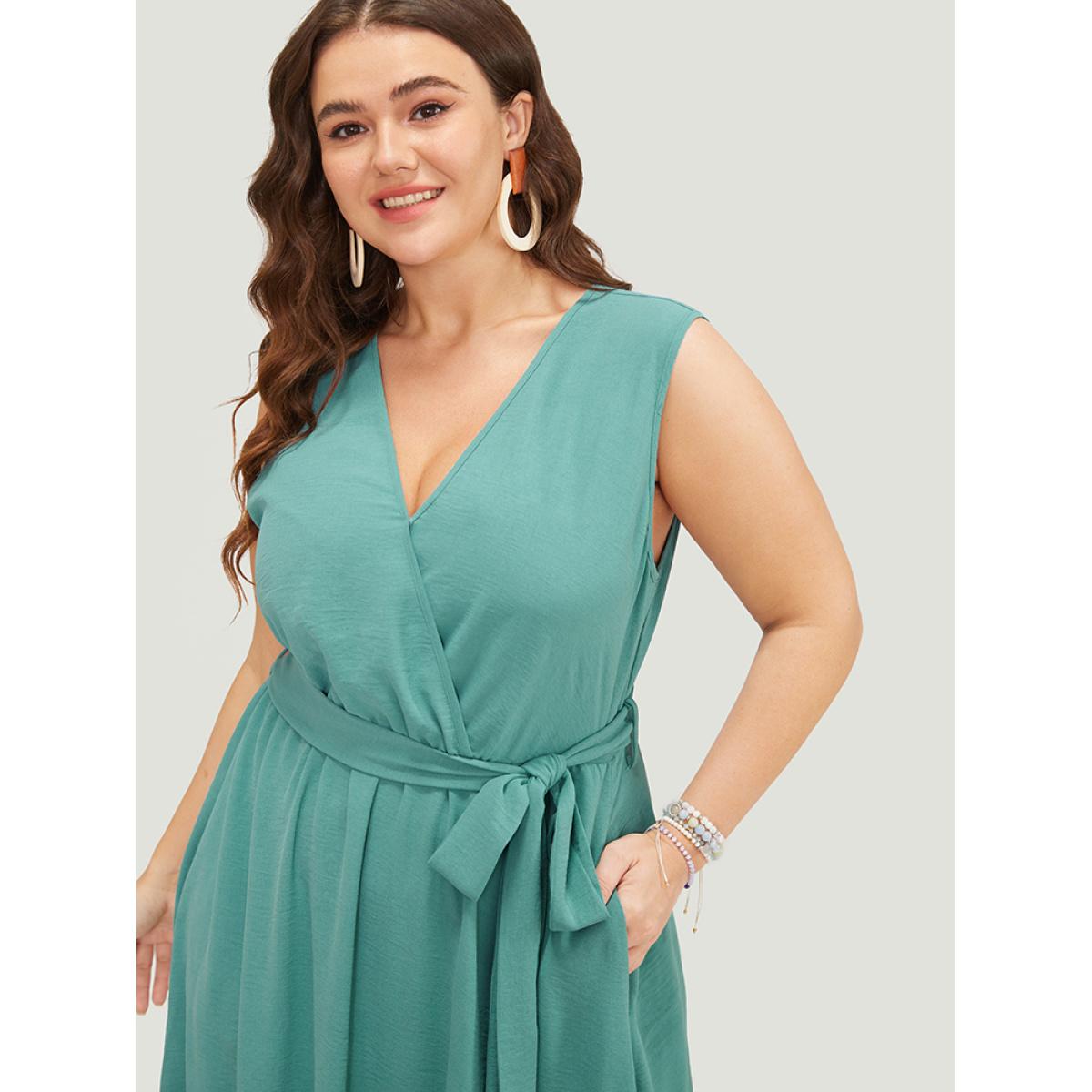 Plus Size Plain Pocket Wrap Belted Laser Cut Flutter Tank Dress Emerald Women Elegant Cross straps V-neck Sleeveless Curvy Midi Dress BloomChic 10/M Product Image