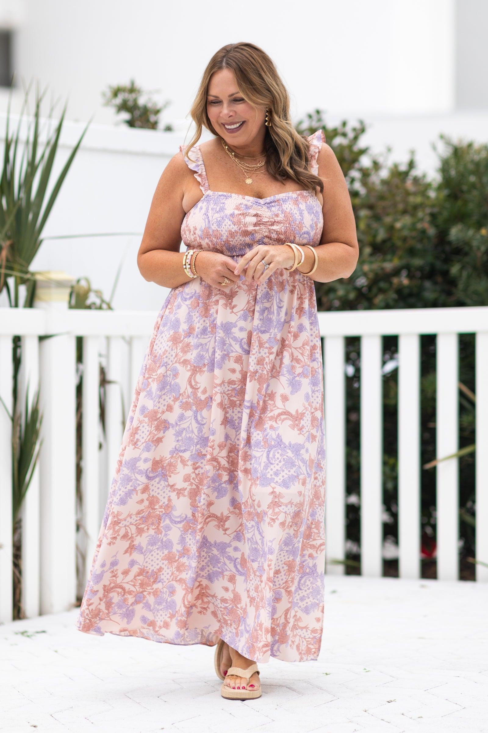 Peach Paisley Floral Smocked Maxi Dress Product Image