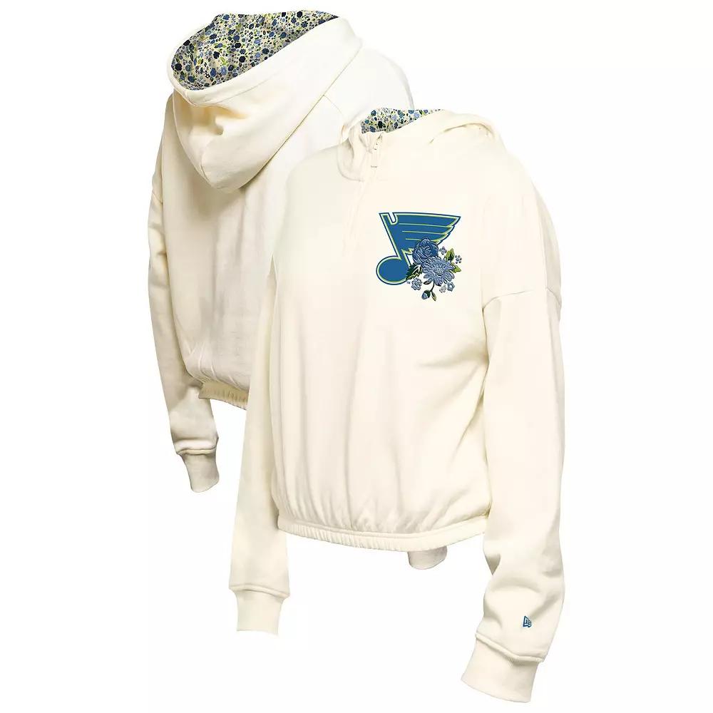 Women's New Era Cream St. Louis Blues Glam Game Quarter-Zip Cropped Floral Hoodie Pullover, Size: Large, Beige Product Image