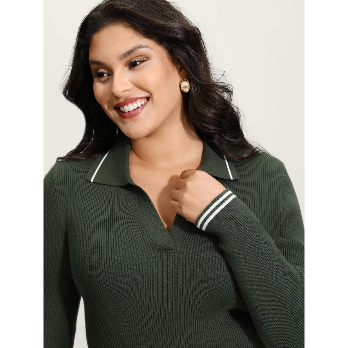 Plus Size Supersoft Polo Collar Textured Fitted Pullover ArmyGreen Women Office Skinny Long Sleeve Polo Office Pullovers BloomChic 14-16/1X Product Image