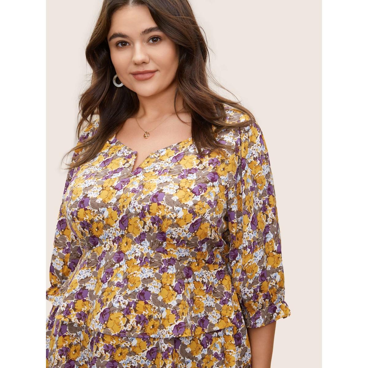 Plus Size Apricot Floral Allover Print Ruffles Tiered Hem Blouse Women Elegant Elbow-length sleeve Notched collar Everyday Blouses BloomChic 18-20/2X Product Image