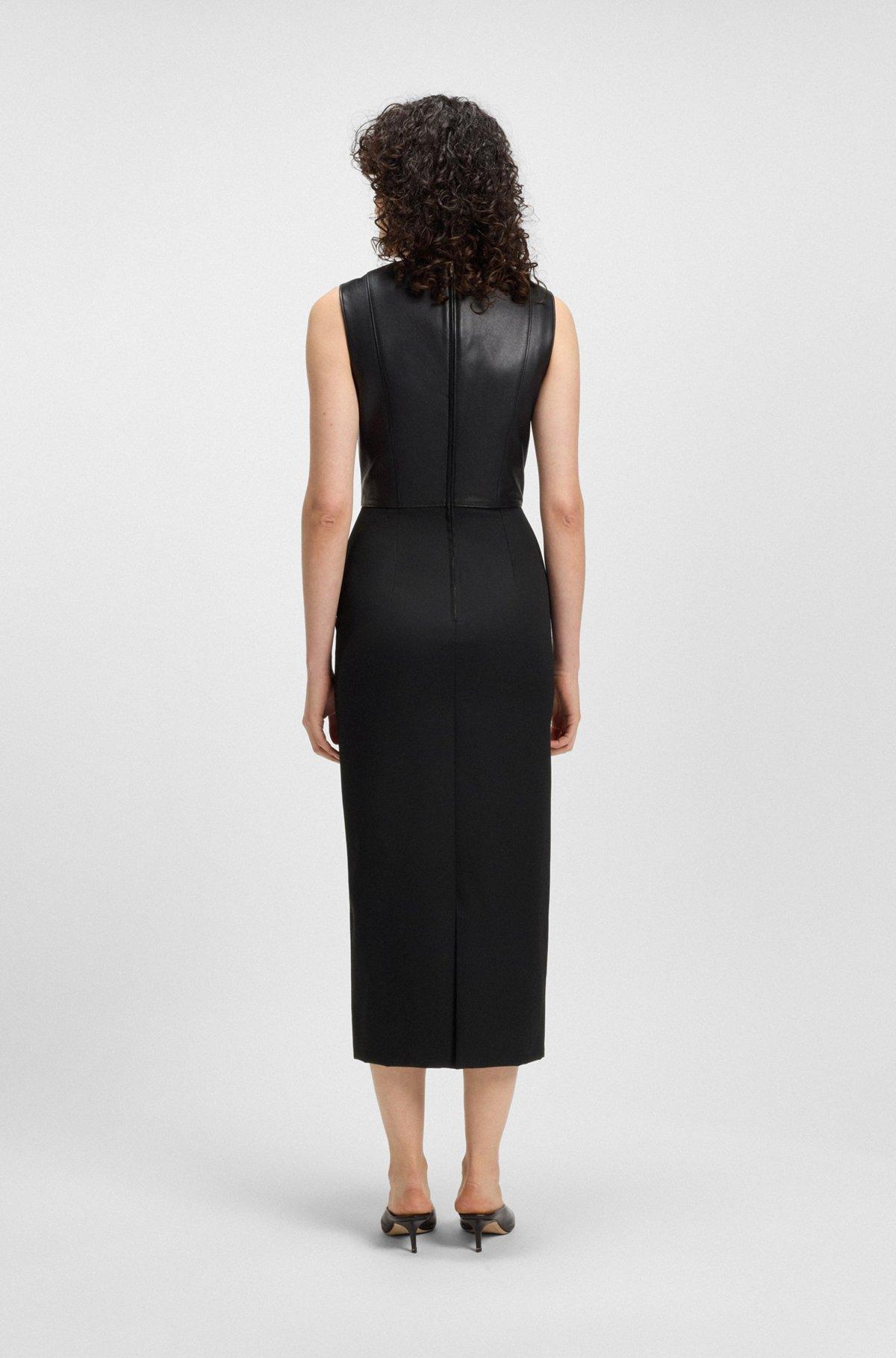 BOSS - Virgin-wool dress with leather bodice - Black Product Image