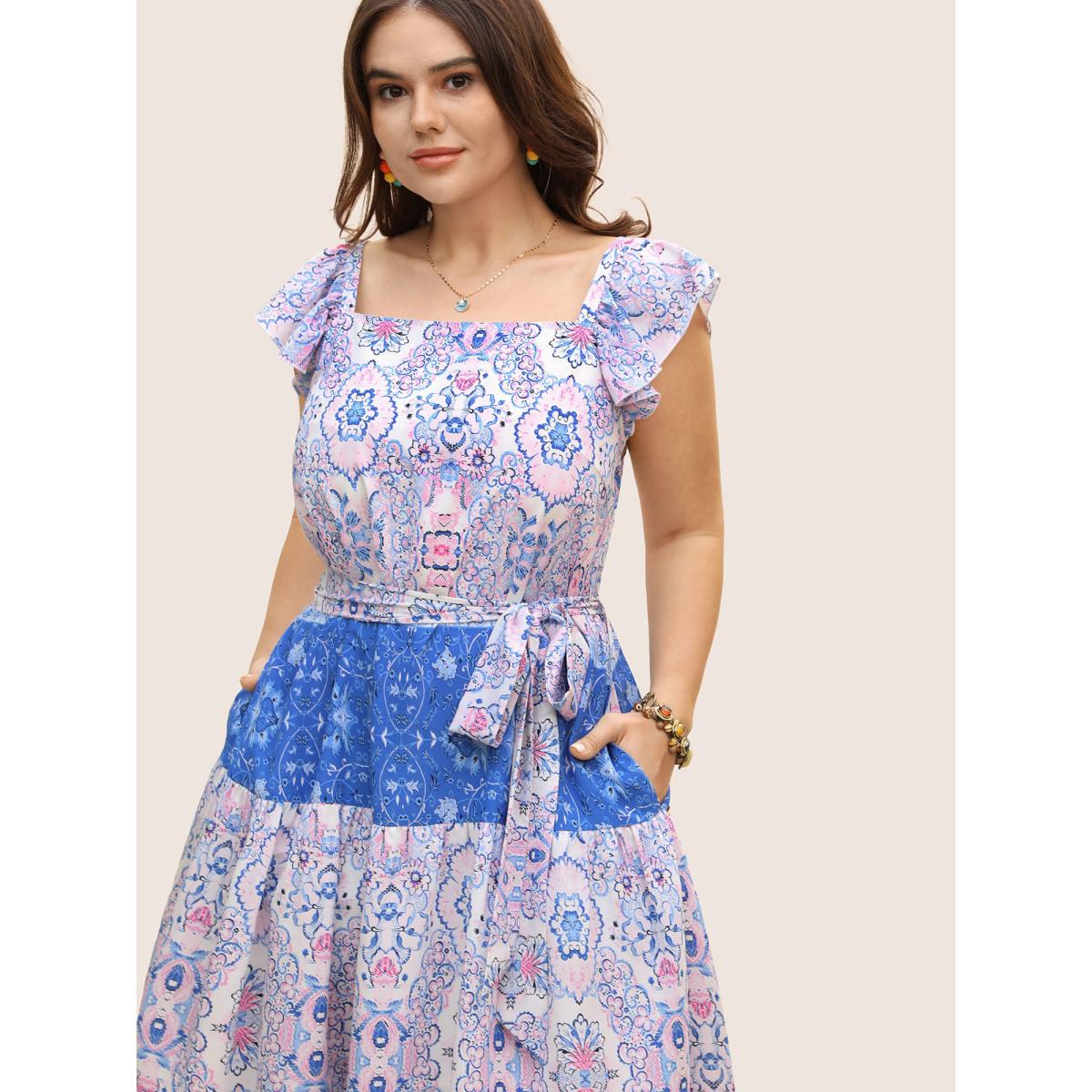 Plus Size Boho Print Ruffle Sleeve Belted Midi Dress Bluepurple Women Resort Belted Non Short sleeve Curvy BloomChic 26/4X Product Image