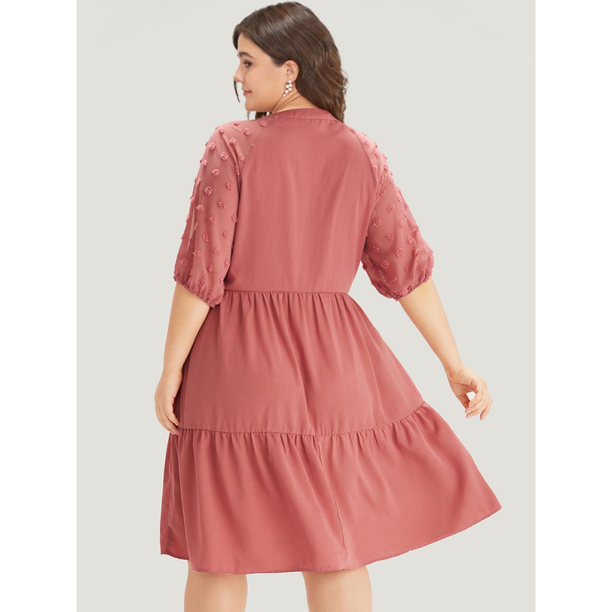 Plus Size Solid Notched Lantern Sleeve Ruffle Layered Hem Dress Watermelon Women Elegant Plain Notched collar Half Sleeve Curvy Knee Dress BloomChic 22-24/3X Product Image
