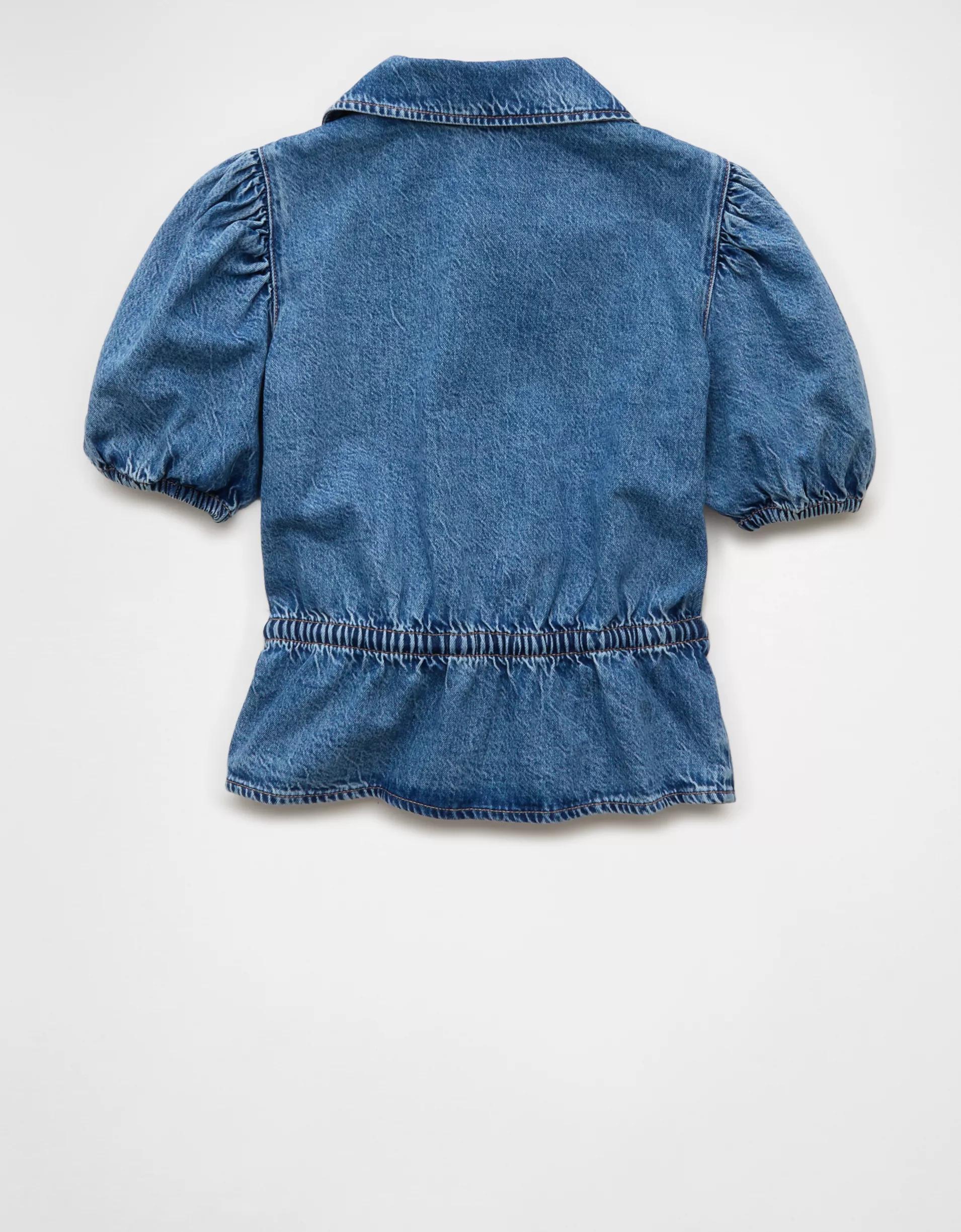 AE Denim Collared Puff Sleeve Tie Front Shirt Product Image