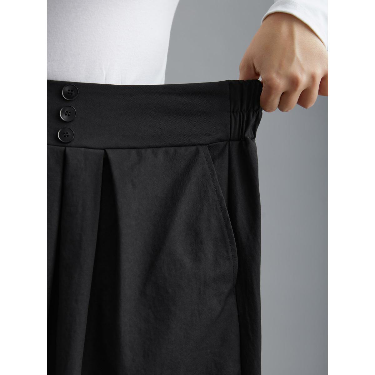 Plus Size Elastic Waist Fastener Pleated Skirt Women Black Elegant Button Low stretch Slanted pocket Everyday Skirts BloomChic 14-16/1X Product Image