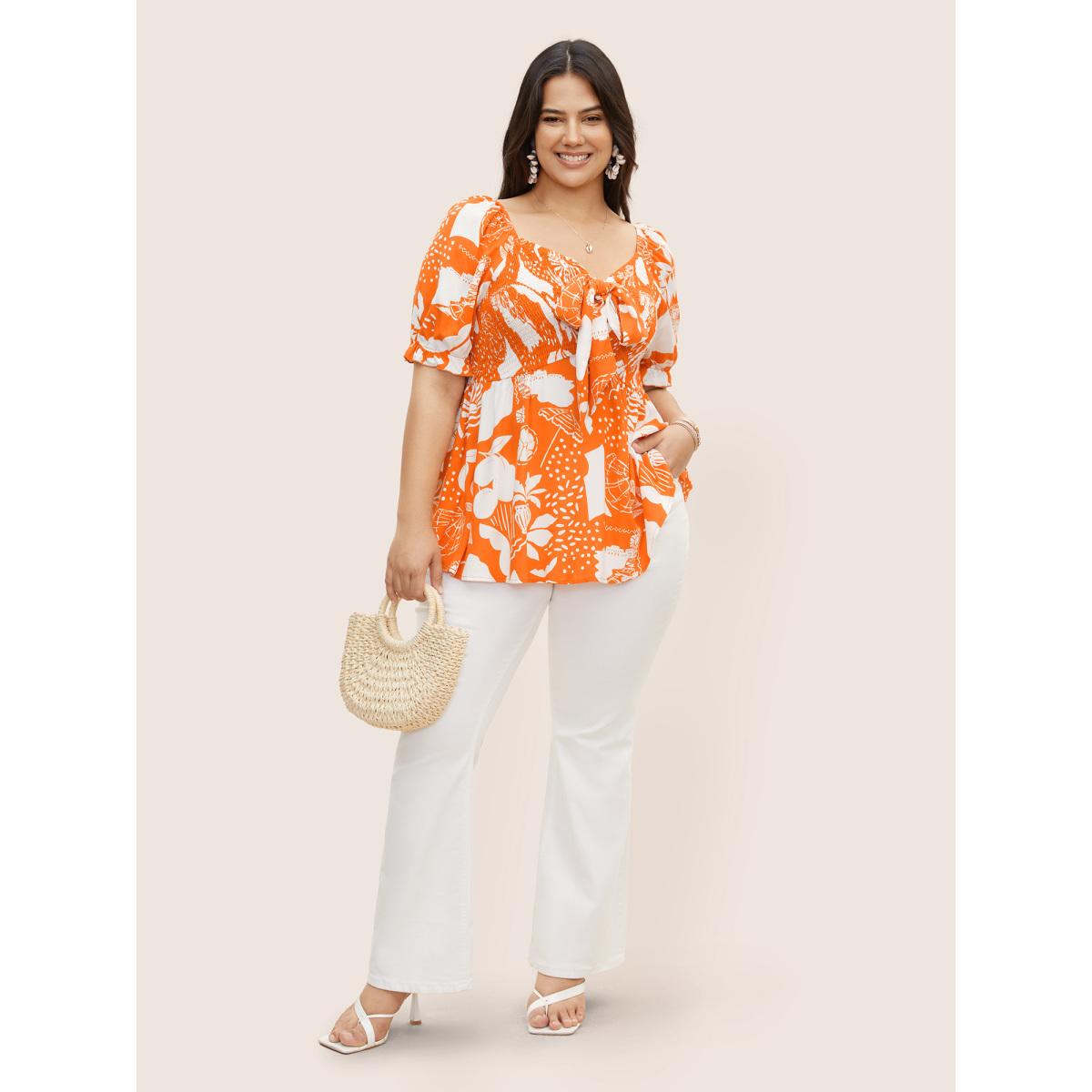 Plus Size Brightorange Tropical Print Bowknot Shirred Lantern Sleeve Blouse Women Resort Short sleeve V-neck Vacation Blouses BloomChic 10/M Product Image