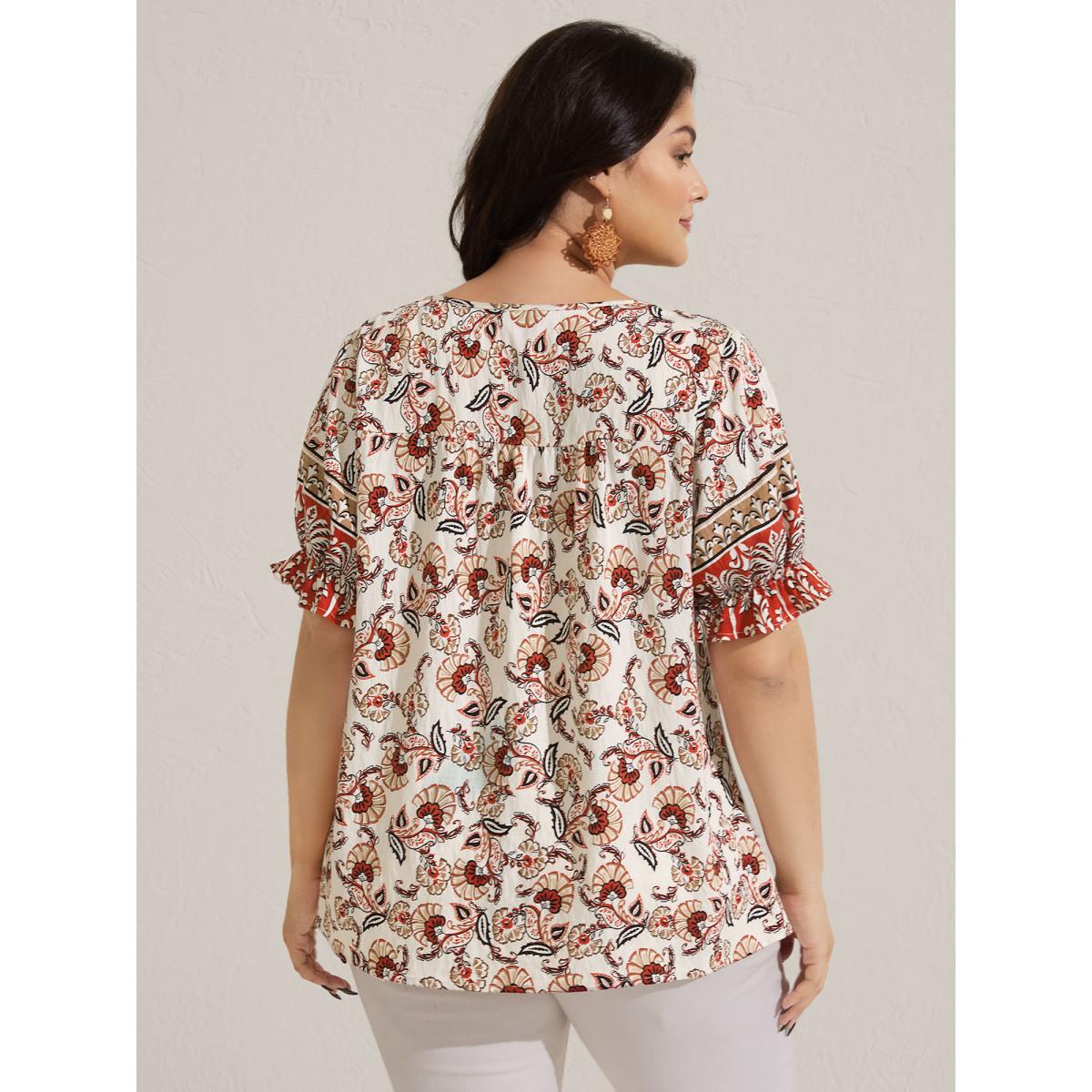 Plus Size Crimson Boho Floral Print Neck Tassels Blouse Women Boho Short sleeve Flat collar with V-notch Vacation Blouses BloomChic 28/5X Product Image