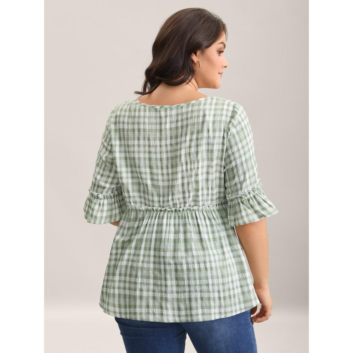 Plus Size Greenbean Plaid Pattern Ruffled Sleeve Babydoll Top Women Half Sleeve Square Neck Everyday-Elegant Blouses BloomChic 14-16/1X Product Image