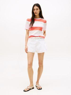 Short-Sleeve Stripe Cable Knit Sweater Product Image