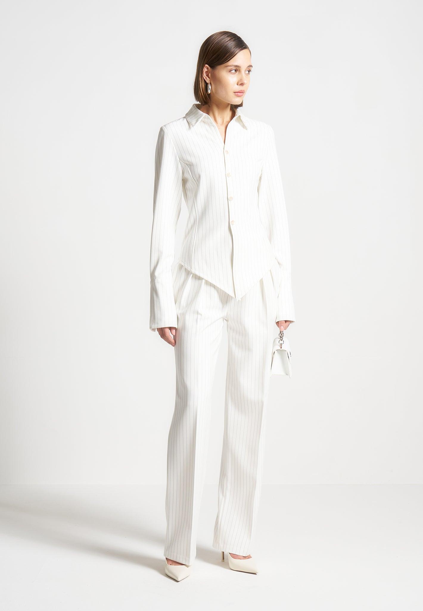 Julie - Pinstripe Twin Pleat Tailored Trousers - White Female Product Image
