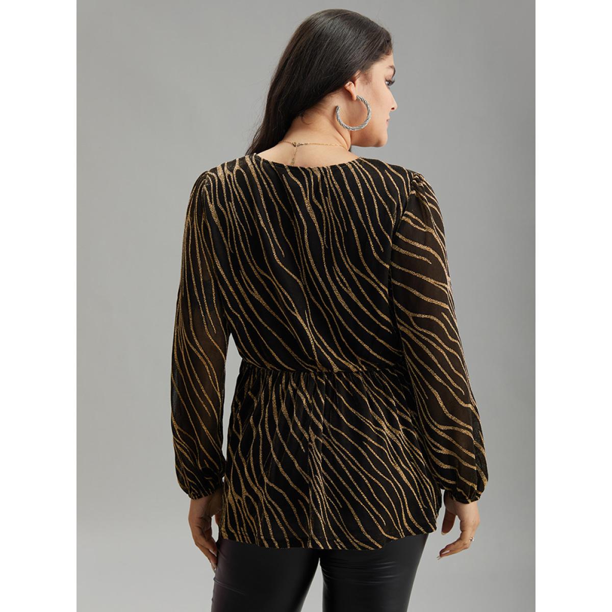 Plus Size Gold Glitter Striped Mesh Keyhole Lantern Sleeve Blouse Women Cocktail Long Sleeve Keyhole Cut-Out Party Blouses BloomChic 12/L Product Image