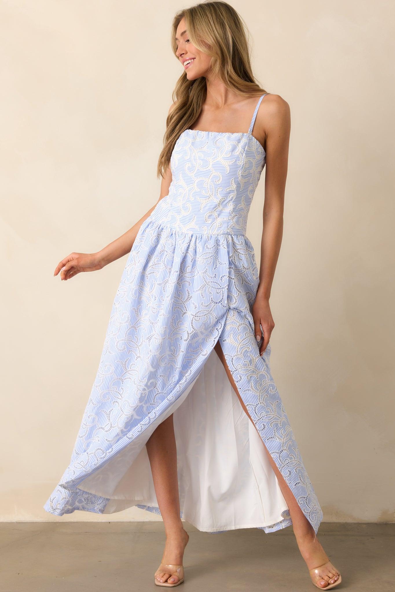 The Space Between Blue Stripe Embroidered Eyelet Maxi Dress Product Image