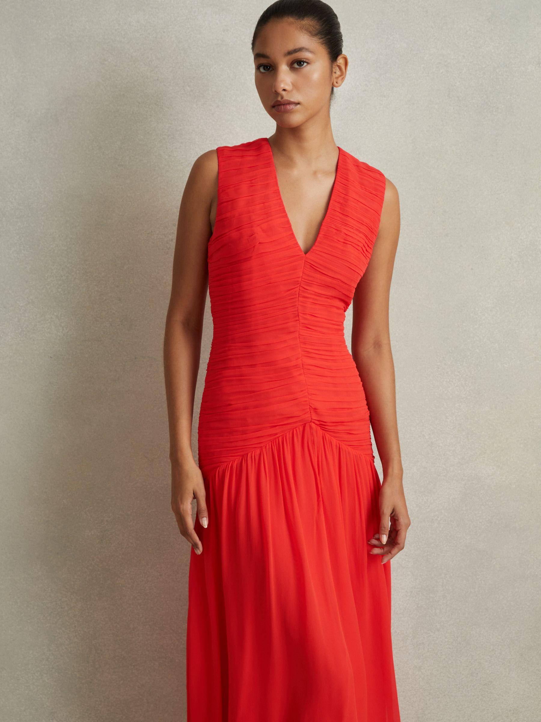 Ruched Bodycon Midi Dress in Coral Product Image