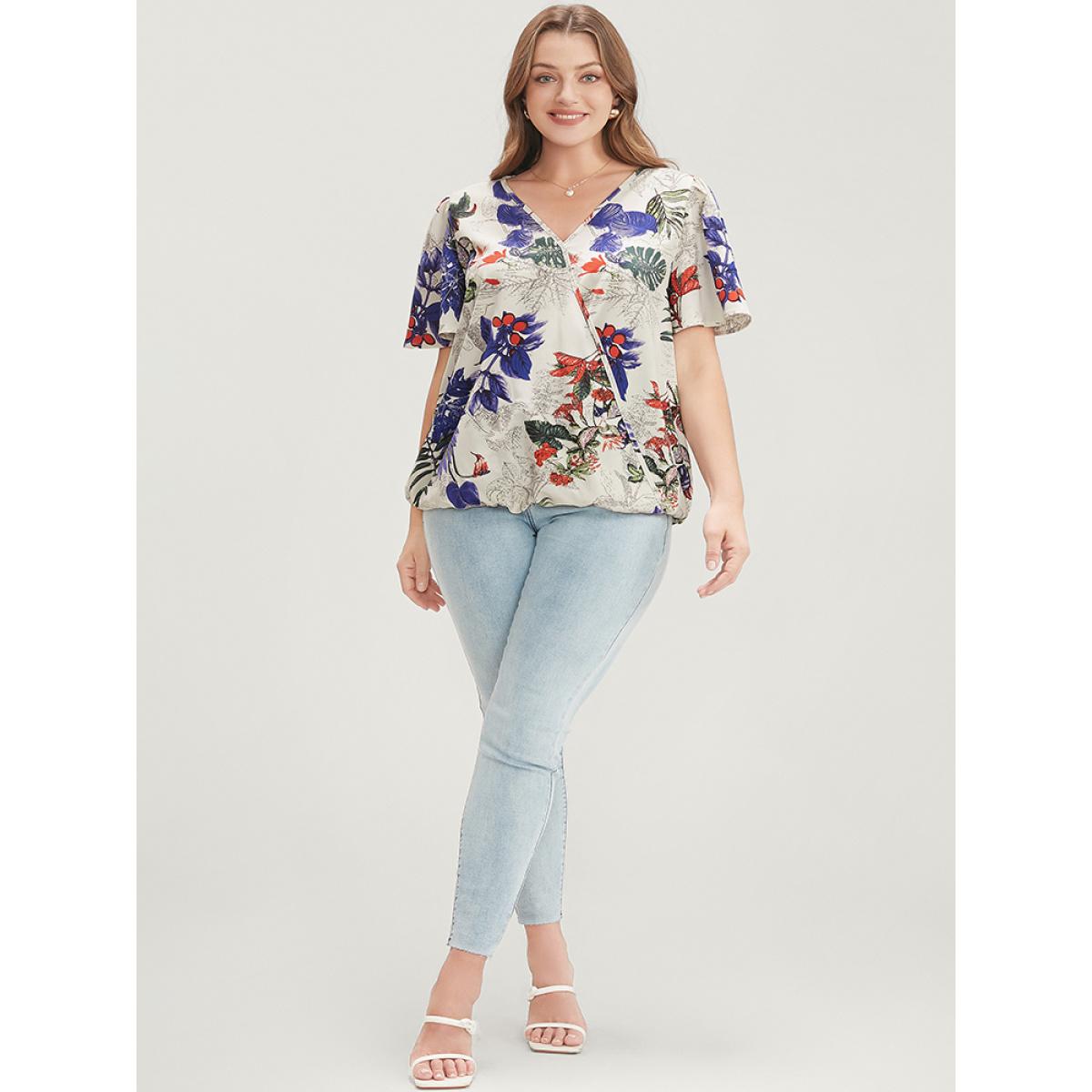 Plus Size Beige Plant & Floral Ruffle Sleeve Surplice Neck Blouse Women Vacation Short sleeve V-neck Dailywear Blouses BloomChic 14-16/1X Product Image