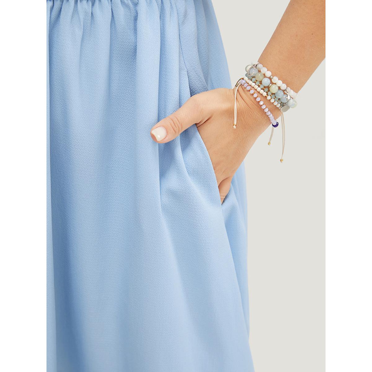 Plus Size Plain Butterfly Lace Cap Sleeve Pocket Ruffle Hem Dress LightBlue Women Office Lined Round Neck Cap Sleeve Curvy Midi Dress BloomChic 14-16/1X Product Image