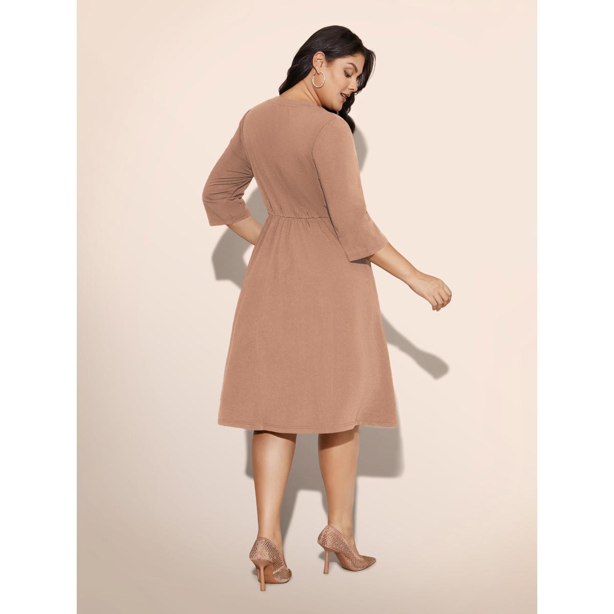 Plus Size Heart Neckline Patchwork Sequin Button Detail Dress Bronze Women Cocktail Texture Party Curvy Bloomchic 26/4X Product Image