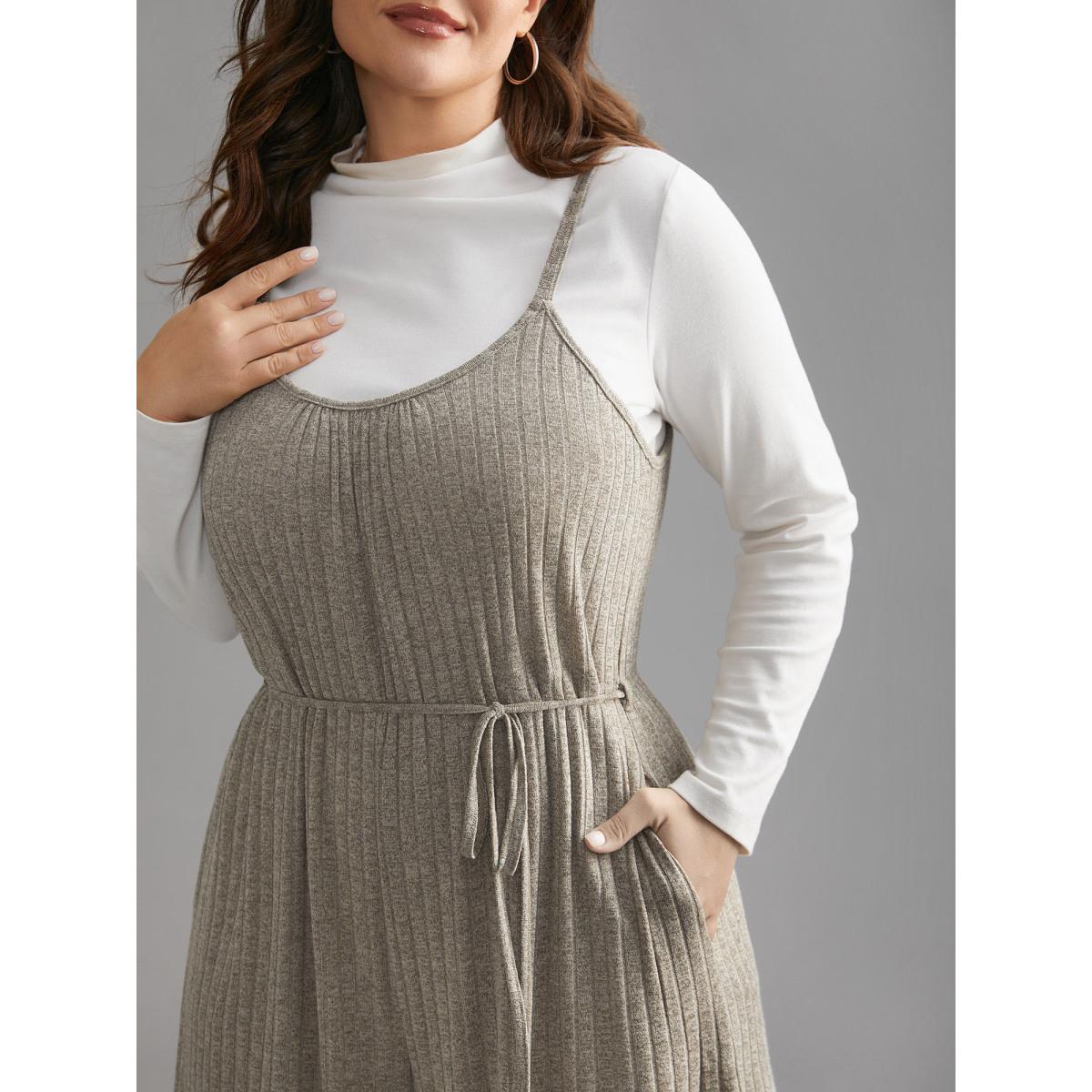 Plus Size Champagne Textured Waist-Tie Pockets Jumpsuit Women Lounge Sleeveless U-neck Everyday Loose Jumpsuits BloomChic 10/M Product Image