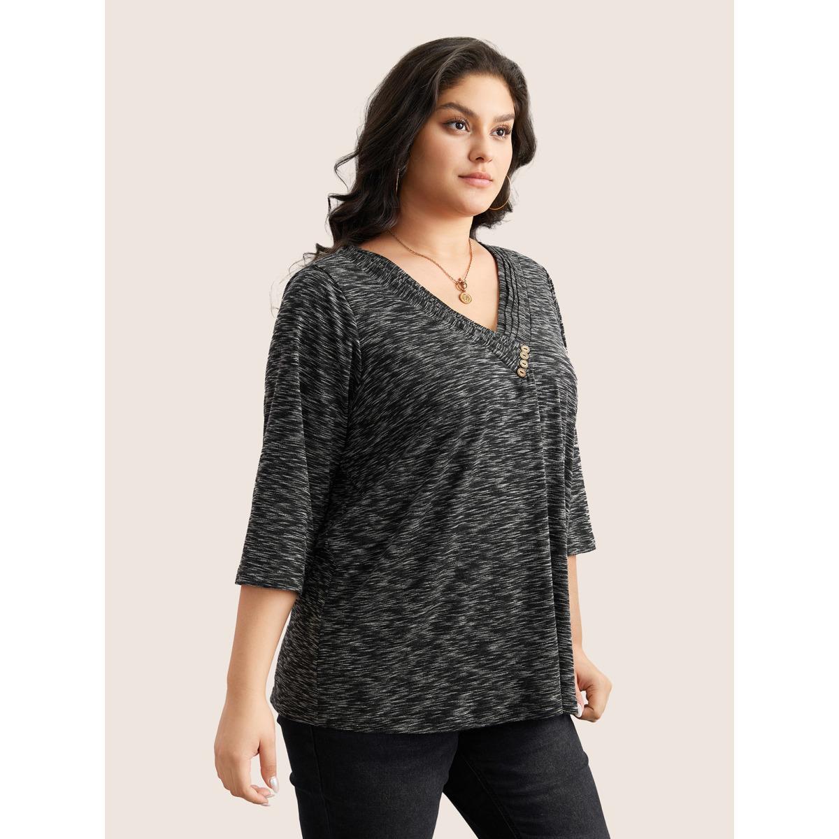 Plus Size Heather Pleated Button Detail T-shirt Black Women Leisure Pleated Plain V-neck Casual T-shirts BloomChic 28/5X Product Image
