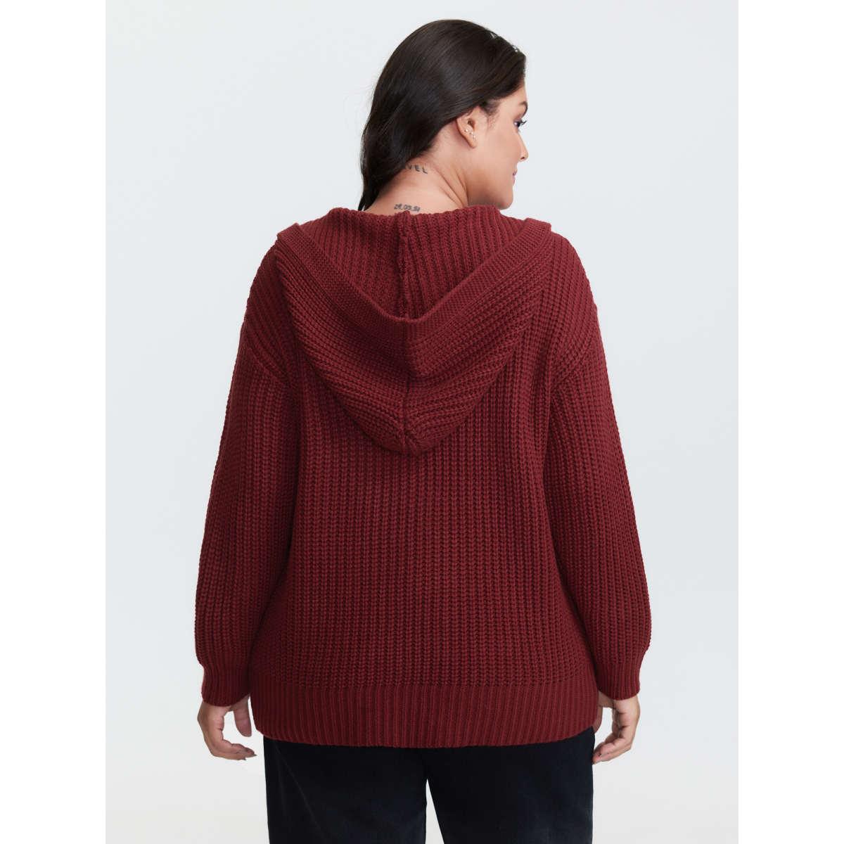 Plus Size Hooded Textured Half Placket Button Pullover Burgundy Women Playful Loose Long Sleeve Hooded Casual Pullovers BloomChic 22-24/3X Product Image