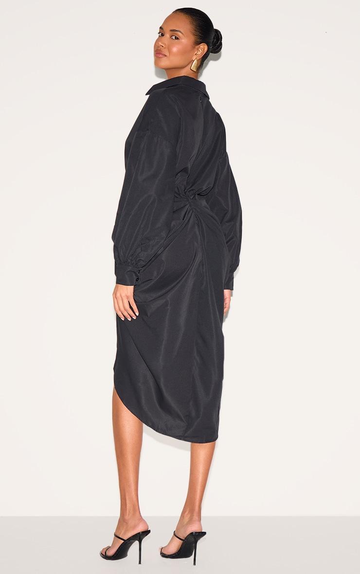 Black Balloon Sleeve Gathered Skirt Midi Shirt Dress Product Image