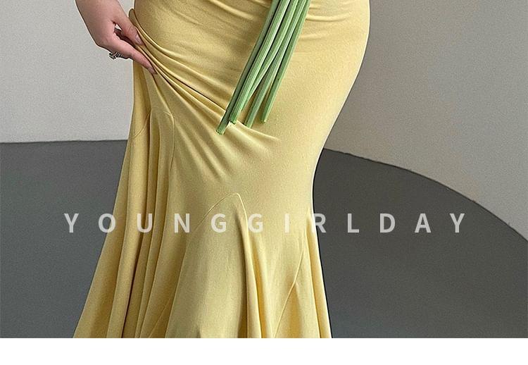 Short-Sleeve Square-Neck Plain Midi Mermaid Dress (Various Designs) Product Image