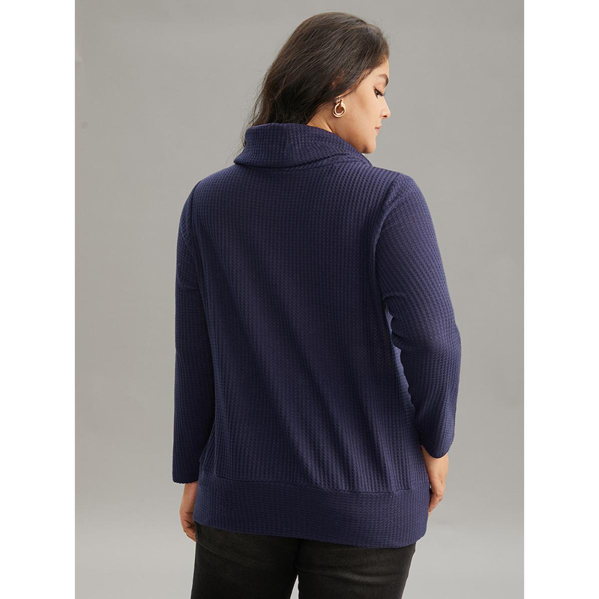 Plus Size Solid Funnel Neck Waffle Knit Drawstring T-shirt Indigo Women Elegant Waffle Knit Plain Turtleneck Dailywear T-shirts BloomChic 18-20/2X Product Image