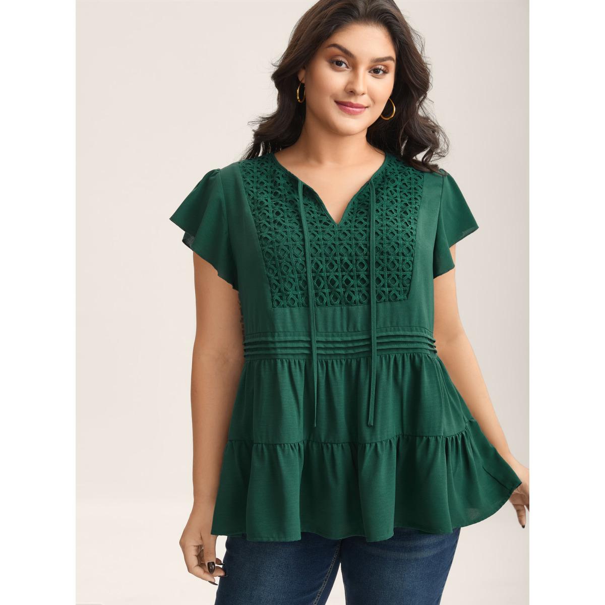 Plus Size DarkGreen Textured Lace Tiered Solid Blouse Women Timeless Cap Sleeve V-neck Elegant Blouses BloomChic 14-16/1X Product Image