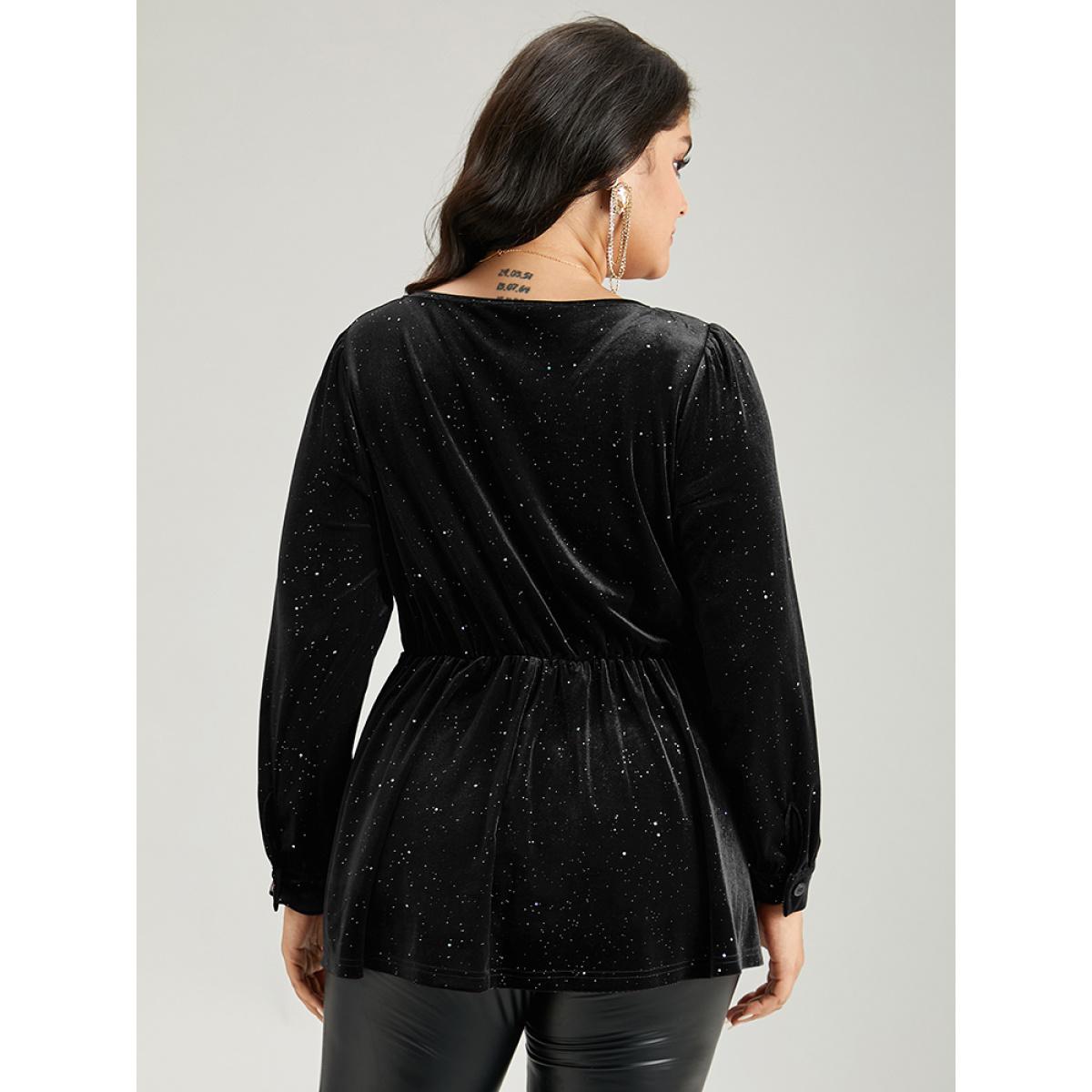 Plus Size Black Glitter Sequin Velvet Twist Front V Neck Blouse Women Cocktail Long Sleeve V-neck Party Blouses BloomChic 14-16/1X Product Image