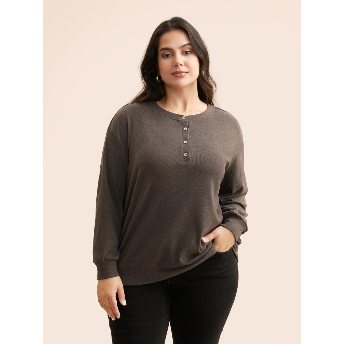 Plus Size Airy Cozy Drop Shoulder T-shirt DarkBrown Women Casual Texture Round Neck Everyday T-shirts BloomChic 28/5X Product Image