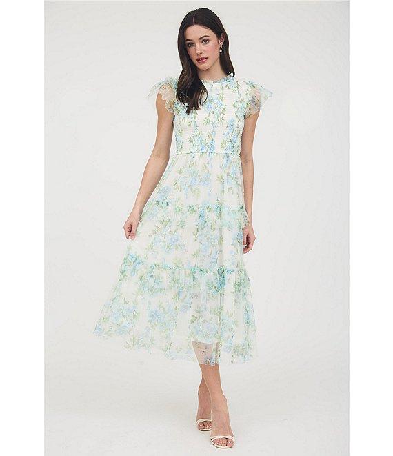 Blu Pepper Floral Print Mesh Round Neck Short Sleeve Smocked Midi Dress Product Image