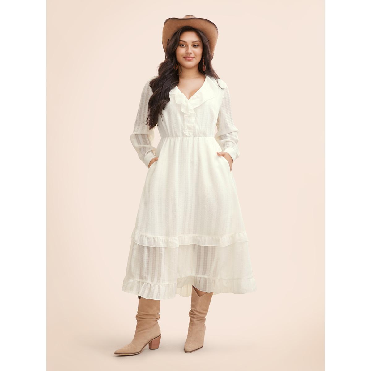 Plus Size Chiffon Lotus Leaf Collar Tiered Midi Dress Ivory Women Resort Texture V-neck Long Sleeve Curvy BloomChic 14-16/1X Product Image